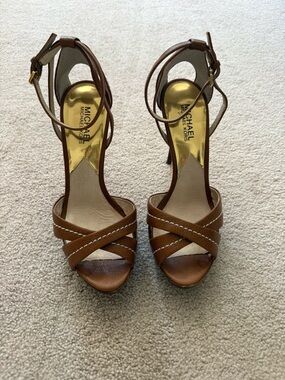 Michael Kors Brown Leather Crisscross Ankle Strap Heels